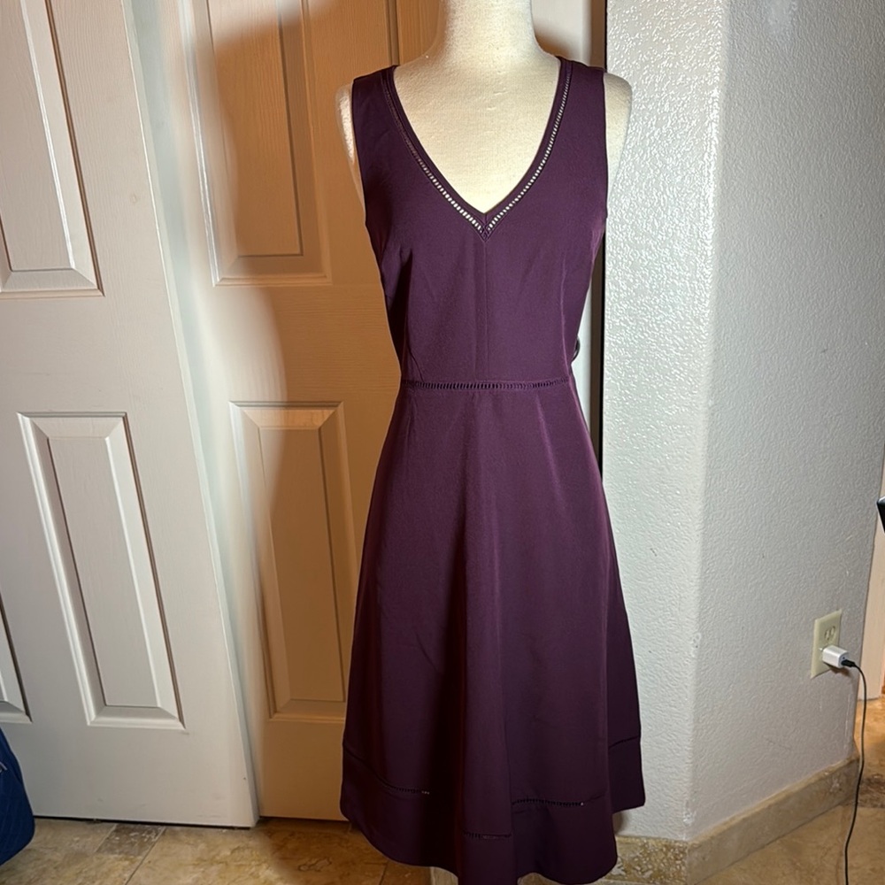 Ann Taylor Purple V-Neck A-Line Midi Dress